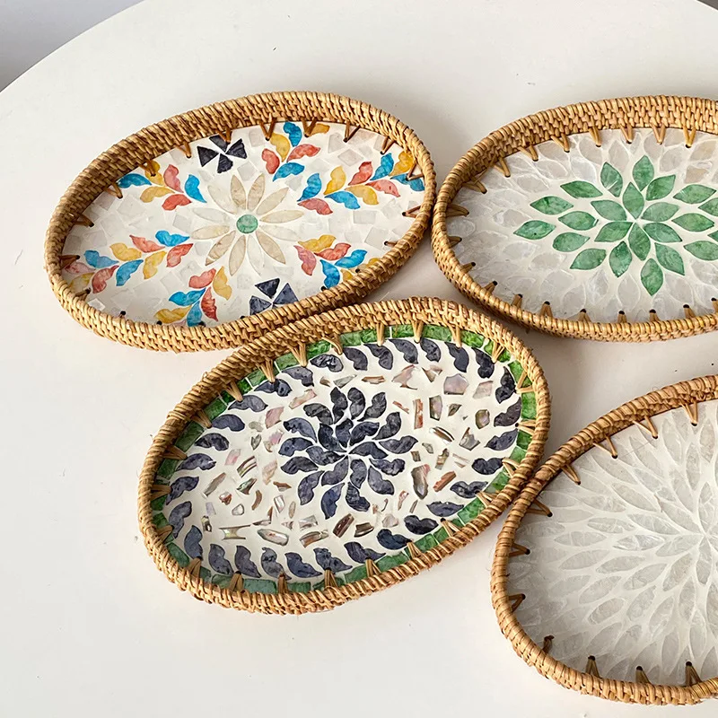 Colorful shell oval water fruit basket handmade rattan woven bread basket coffee Mantou basket living room home desktop tray