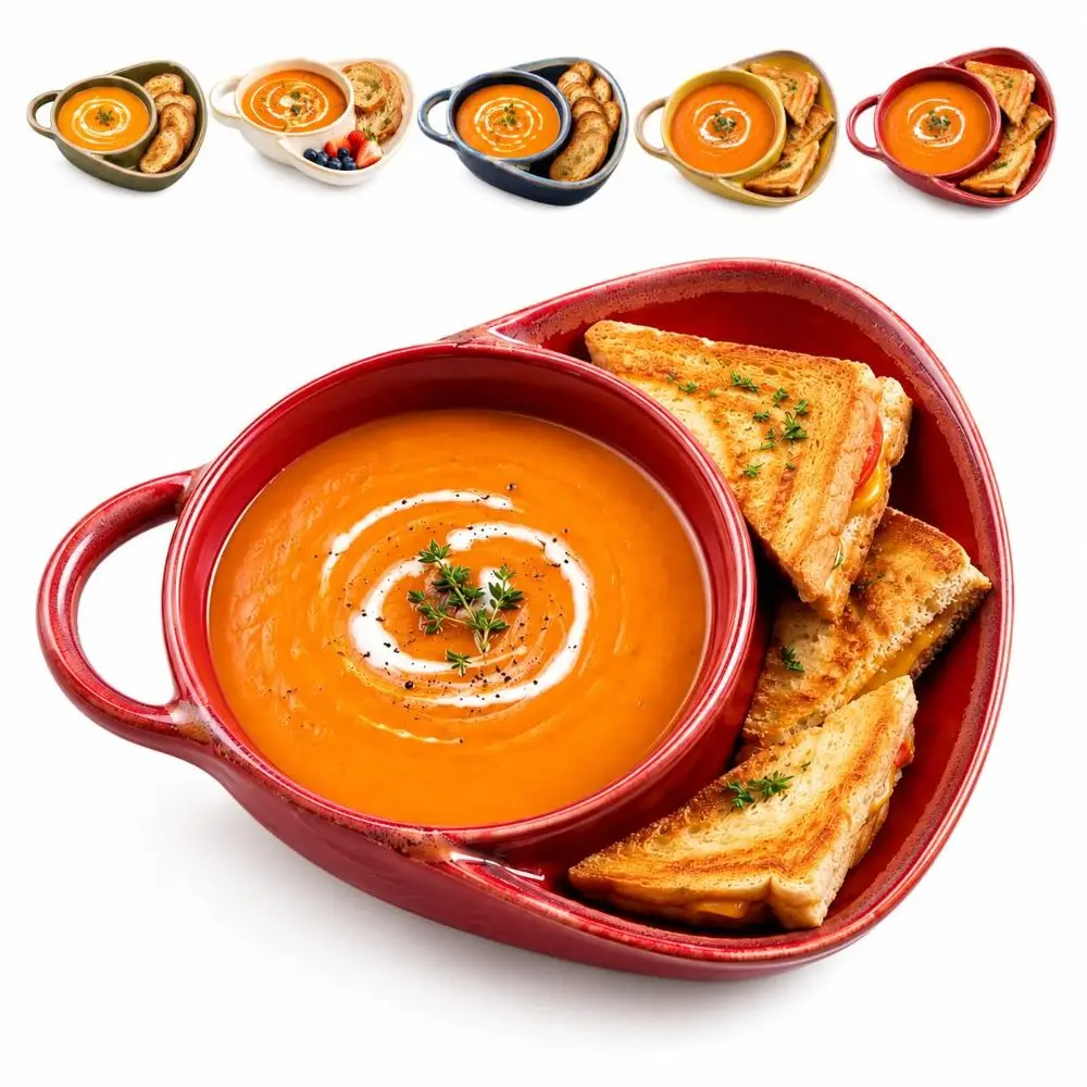 Single Handle Ceramic Soup Bowl with Bread Plate Two Compartment Structure Retro Style Ceramic Baking Tray Reactive Glaze Finish