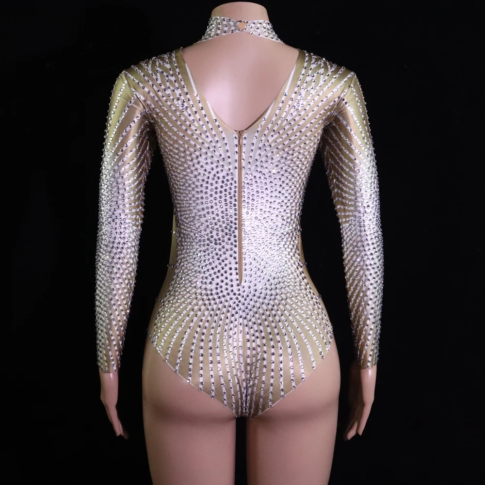 Sparkly Full Rhinestones Long Sleeve Leotard Nightclub Singer Dancer Stage Wear Performance Dance Costume Party Bodysuit