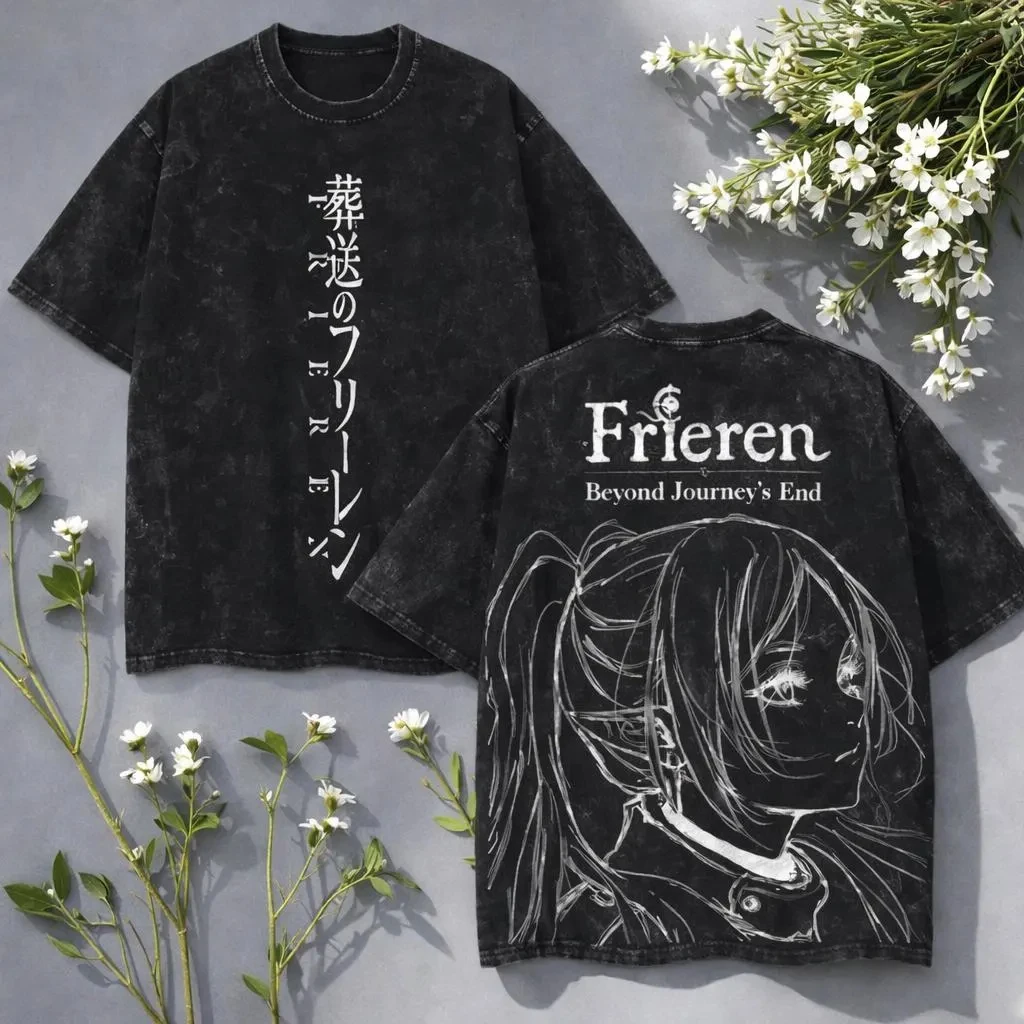 Vintage Anime Frieren Grafik-T-Shirt im Used-Look Frühling Sommer Herren Damen Baumwolle Lässiges Oversize-T-Shirt Streetwear Harajuku