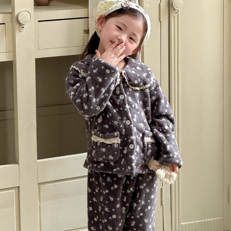 

Girls Coral Fleece Pajama Set, Plush Loungewear with Collar for Toddlers & Kids Winter Sleepwear