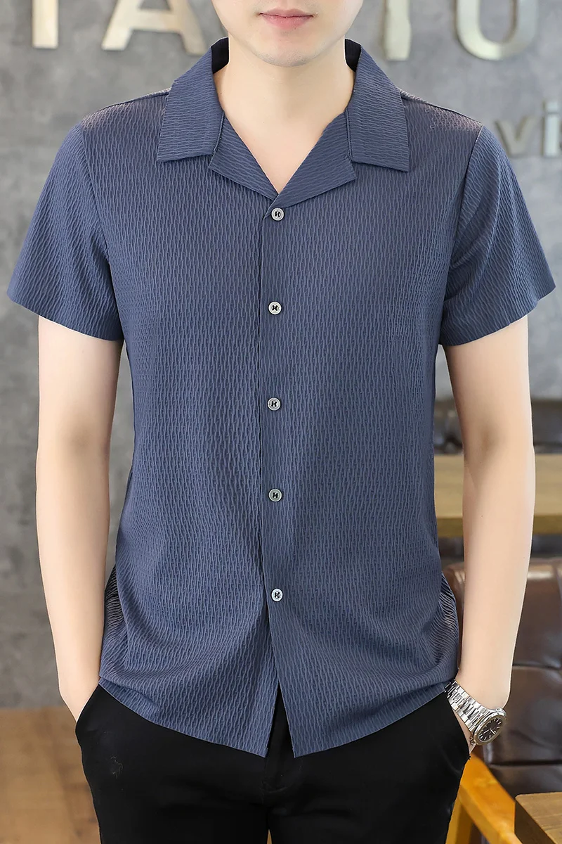 2026 Summer Men's Silk Knitted Suit Collar Plaid Silk Quick-Dry Loose-Fitting Short-Sleeved T-shirt Trendy Korean Style