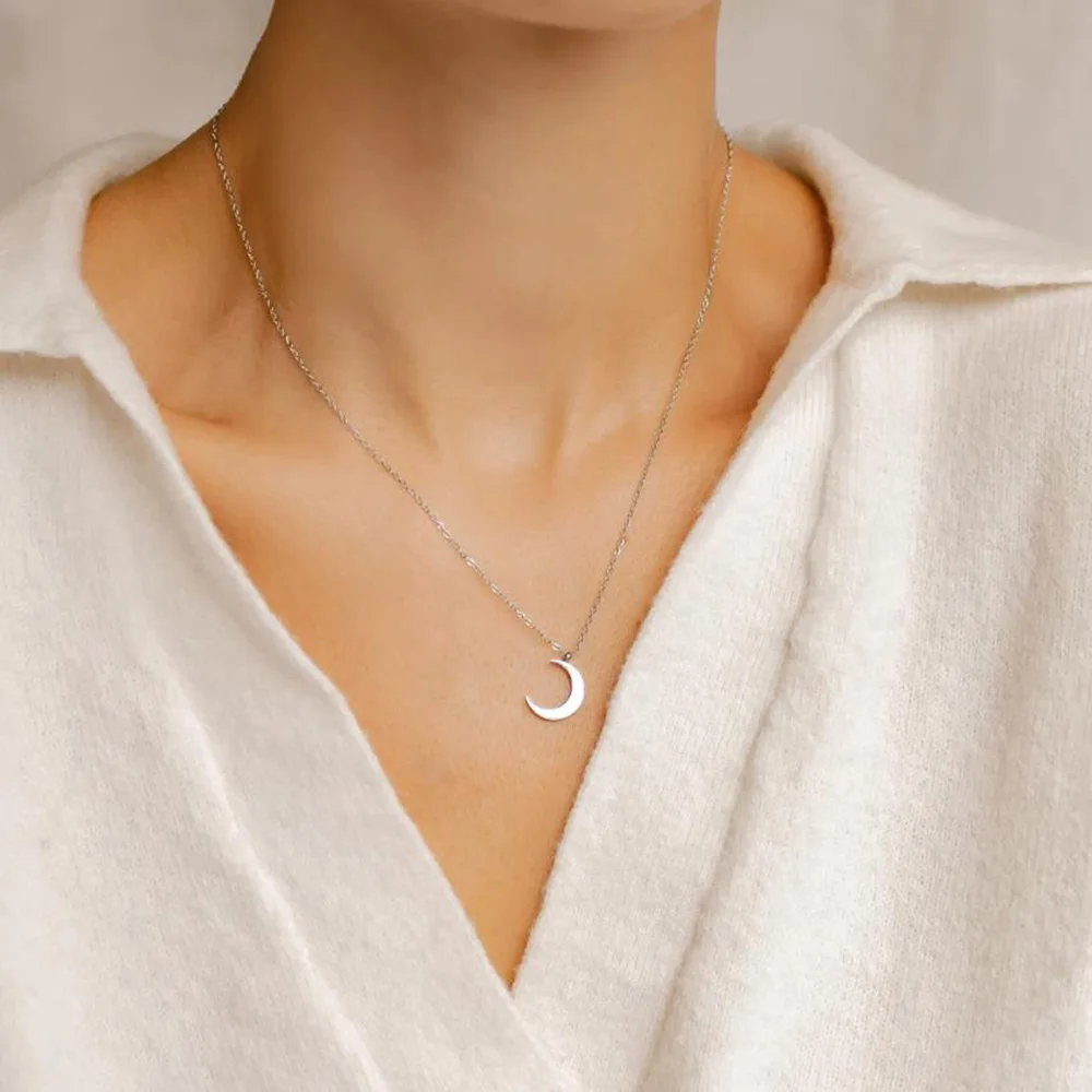 Half Moon Necklace Silver Colour | Delicate Crescent Moon Pendant Necklace Available in 3 Colors