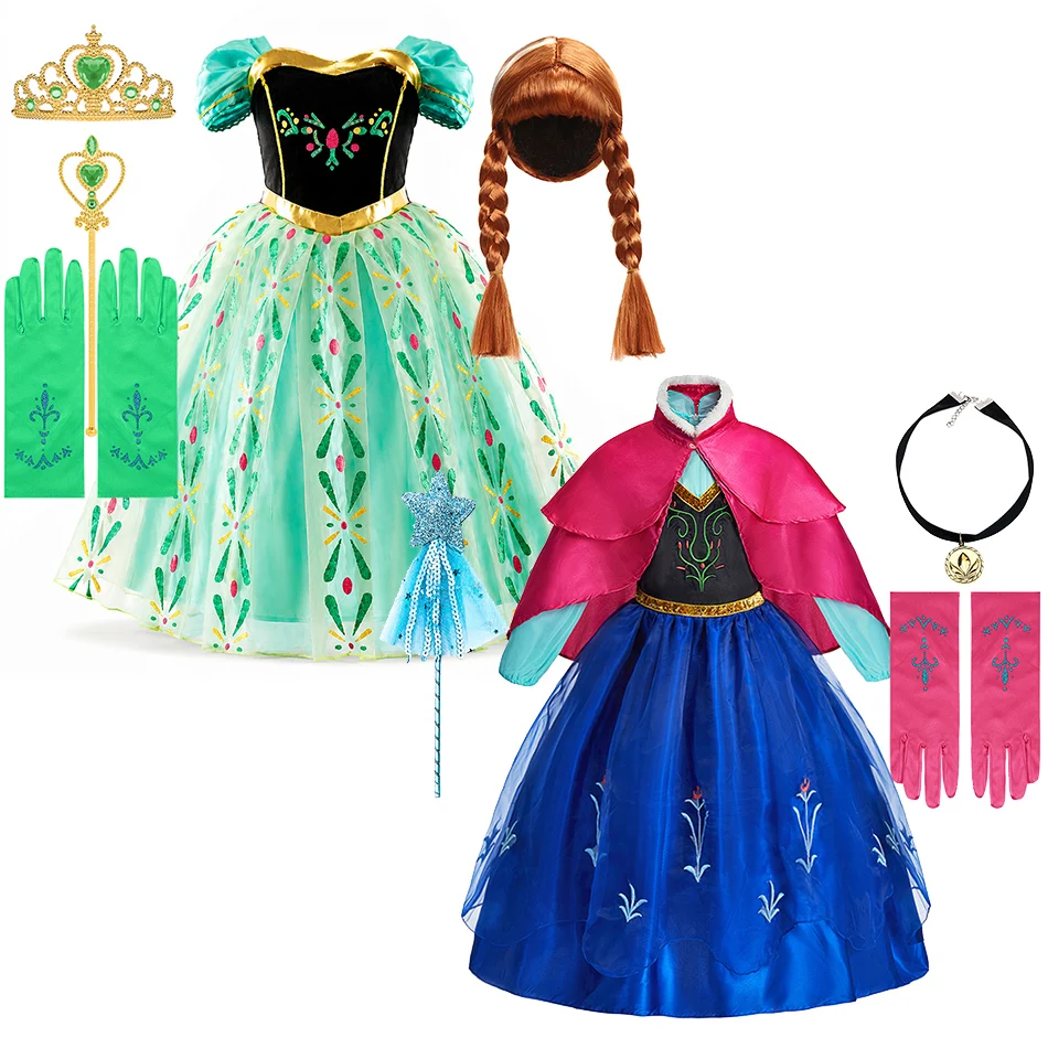 Girls Princess Cosplay Costume Kids Party Dress Up with Wig Accessories Halloween Carnival Fancy Dress Green Blue Cloak Gown
