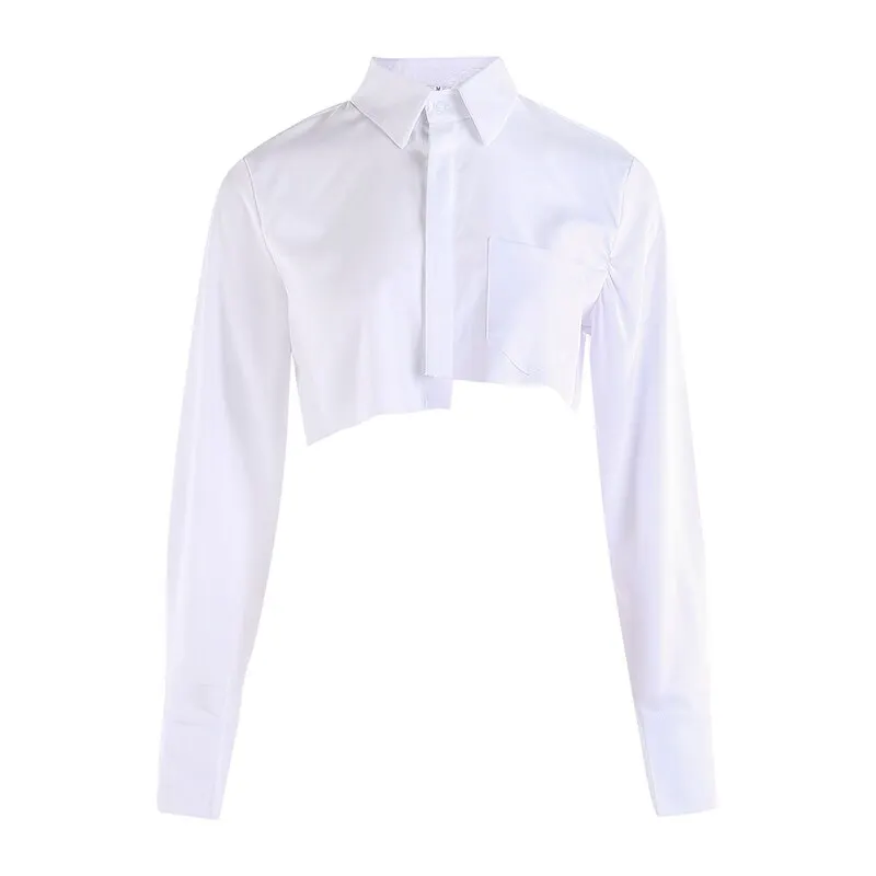 Women Crop Shirt Turn Down Collar Exposed Navel Solid Color Irregular Design Spring Clothing