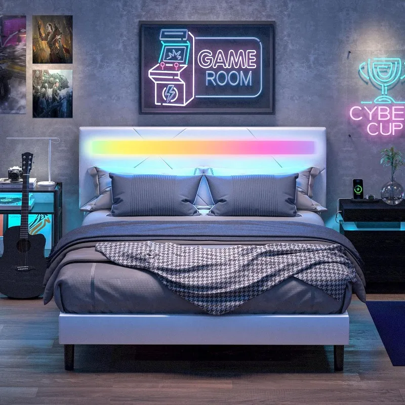 Full Bed Frame with LED Lights(Smart APP Control), Upholstered Modern Platform Bed Frame, No Box Spring Needed/Noise-