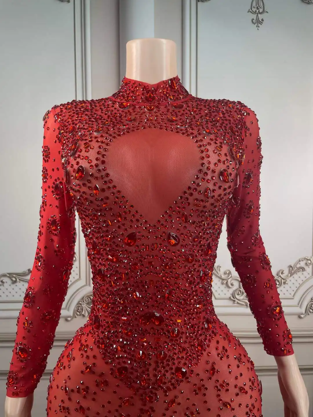 Feminino elegante strass pena elastano vestido drag queen outfit vermelho baile de formatura elegante noite clube palco wear