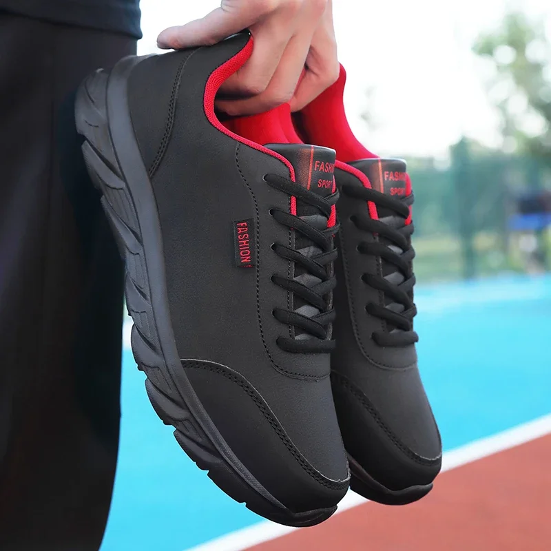 Men's Running Shoes Black PU Upper Flat and Comfortable Walking Shoes Lightweight and Wide Footed Casual Sports Leather Shoes