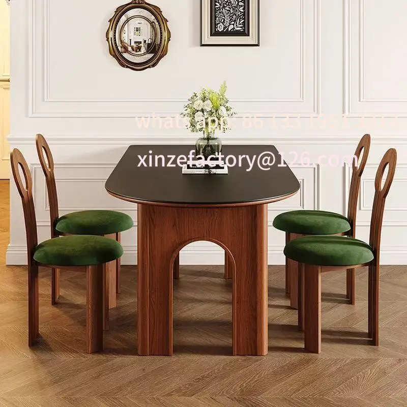 

Customizable medieval French matte black slate solid wood small apartment walnut household semi-round wall island dining table