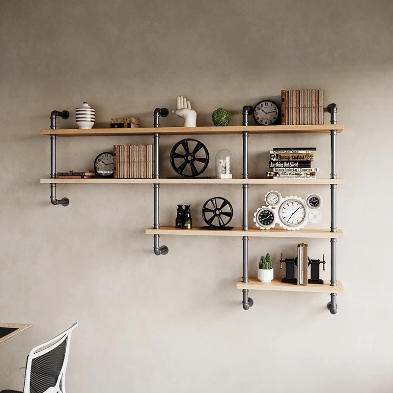 

Lao Su wrought iron industrial style bar bookcase ornament rack integrated combined water pipe solid wood wall rack