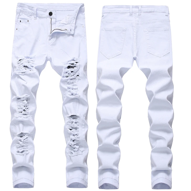 Hole Denim Pants Men\'s Tide Brand Ruined Hole Jeans Solid Slim All-match High Street Hip Hop Trousers Red White Large Size