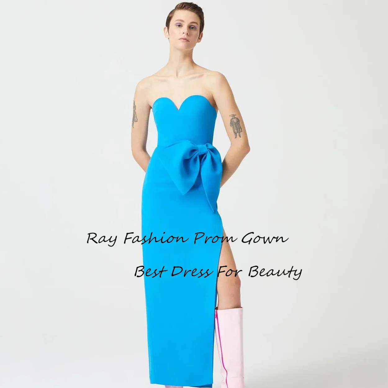 

Ray Fashion Straight Evening Dress Sweetheart Sleeveless Sexy High Side Slit With Bow For Formal Occasion Gown فساتين سهرة