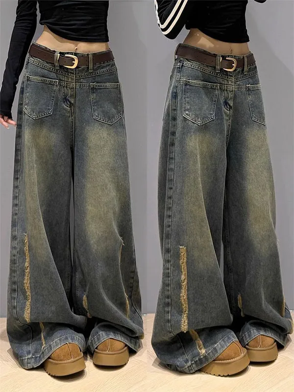 

Large Size Casual Vintage Denim Pants Men's Ins New American Design Fringed Wide Leg Jeans Wear Resistant Straight Tube Trousers