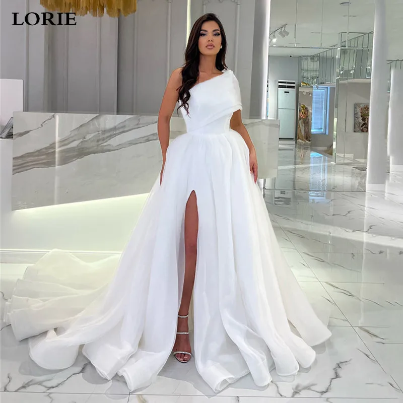 

LORIE White Organza Princess Wedding Dresses A Line Sleeveless One Shoulder Bride Dress Sexy Side Split Wedding Gowns 2023