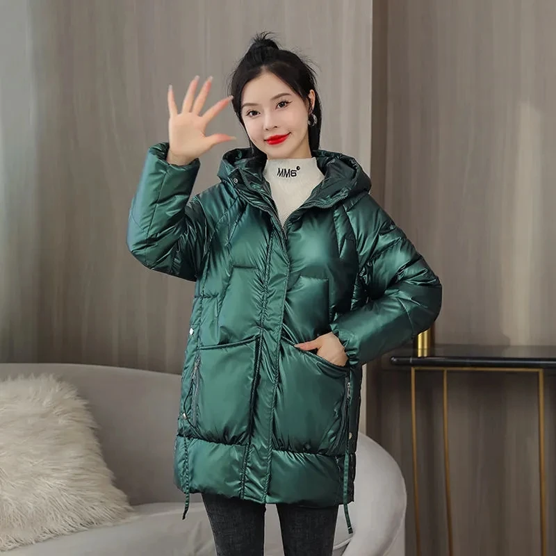 Warm Coat 5XL 2022 New Winter Glossy Jacket Korean Loose Cotton Padded Hooded Coat Thicken Female Parkas Solid Casual Outwear