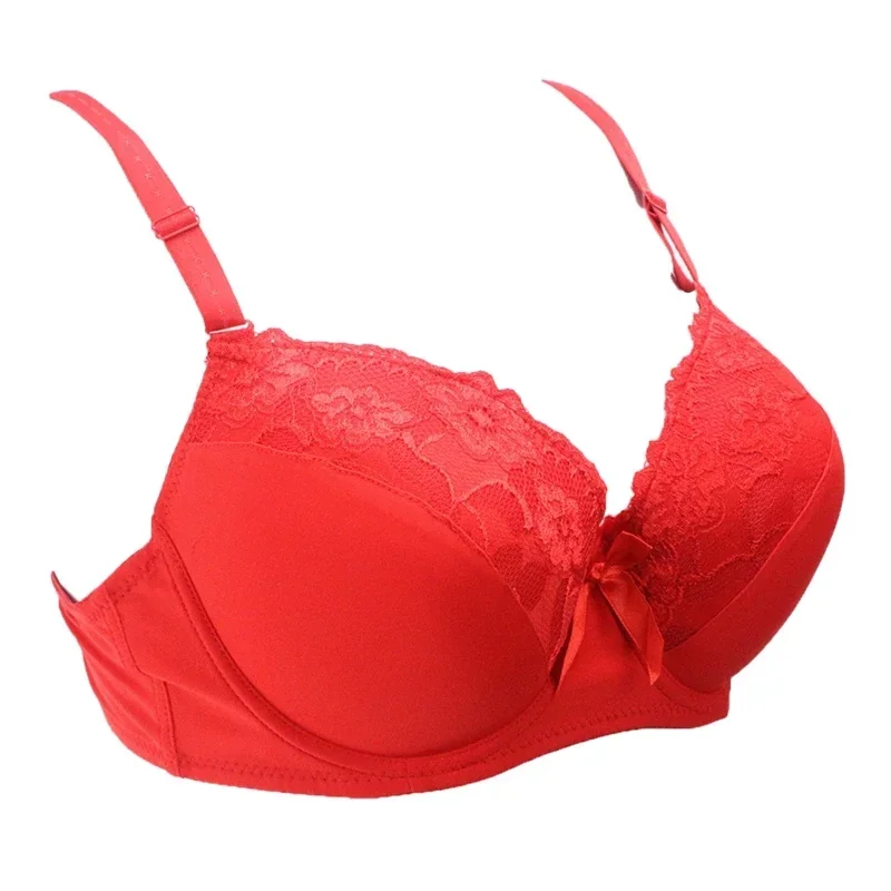 BCDE Cup Bras Sexy Lace Plus Size Underwear Wireless Adjustable Lace Embroidered Womens Bra Large Lingerie Red with Steel Ring