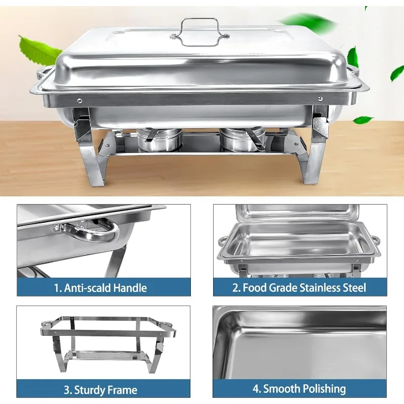 12 Pack Stainless Steel Chafing Dishes 8 Quart Full Size Chafing Dish Buffet Set Silver Rectangular Catering Chafer Warmer