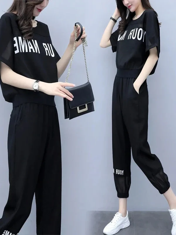 

Свободный спортивный костюм с коротким рукавом для женщин: летний, новый стиль, модный, тонкий, больших размеров, корейская версия, стройнящий, скрывающий недостатки фигуры