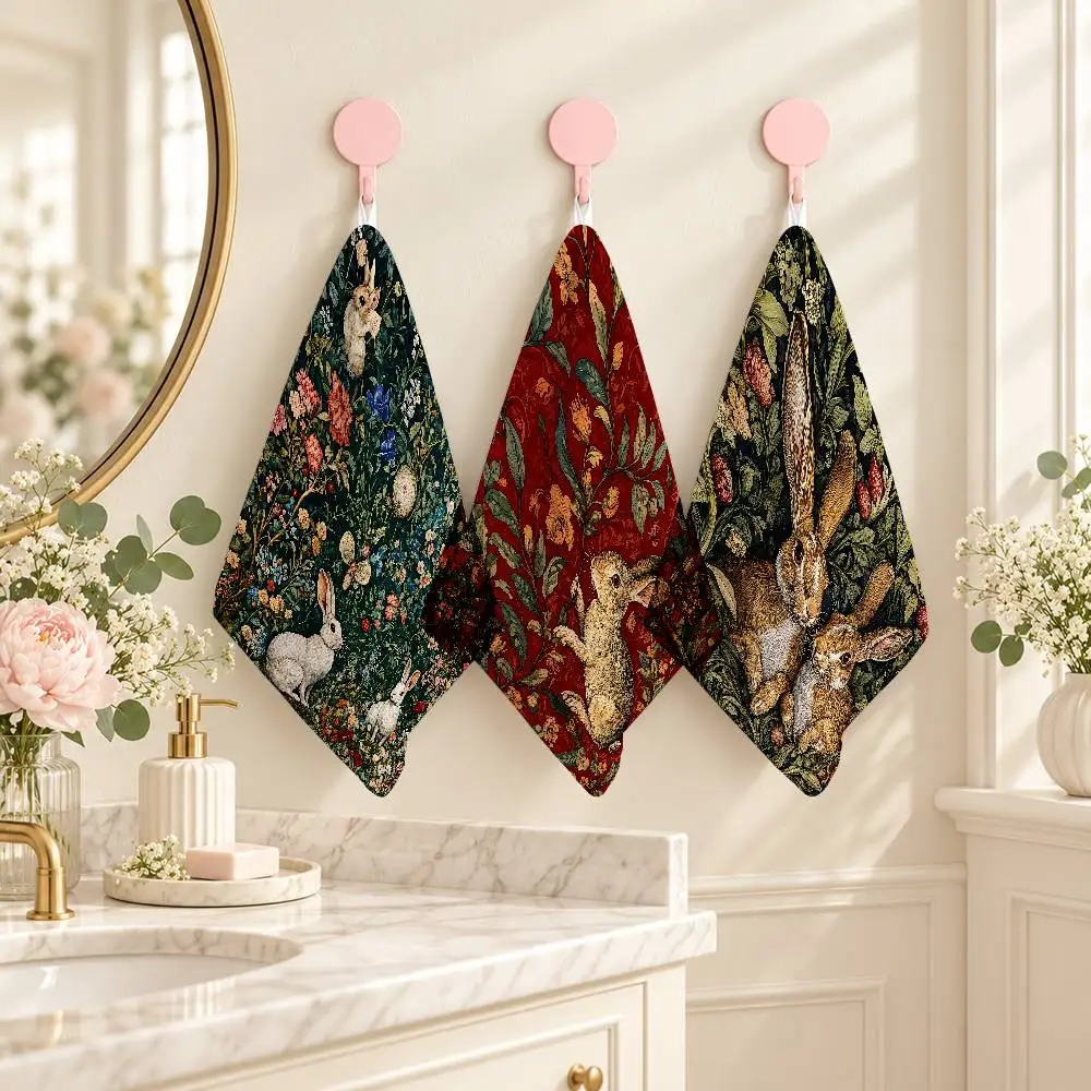 Vintage Green Plant Forest Rabbit Decorative Printed Hand Towel Polyester Cotton Small Towel For Bathroom Kitchen Wash Basin