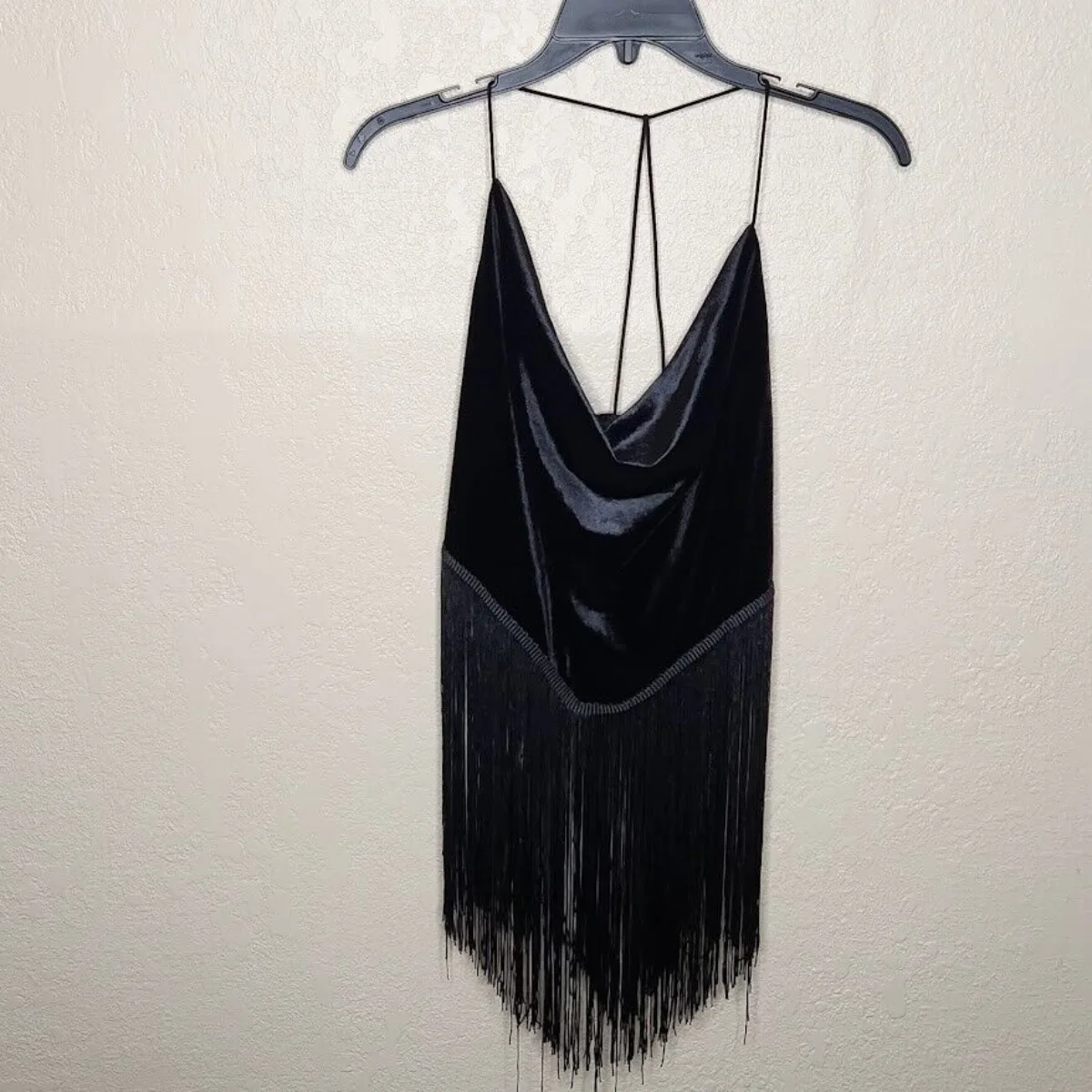 Us-Tank Top Womens XL Black Polyester Velvet Fringe Hem Spaghetti Strap