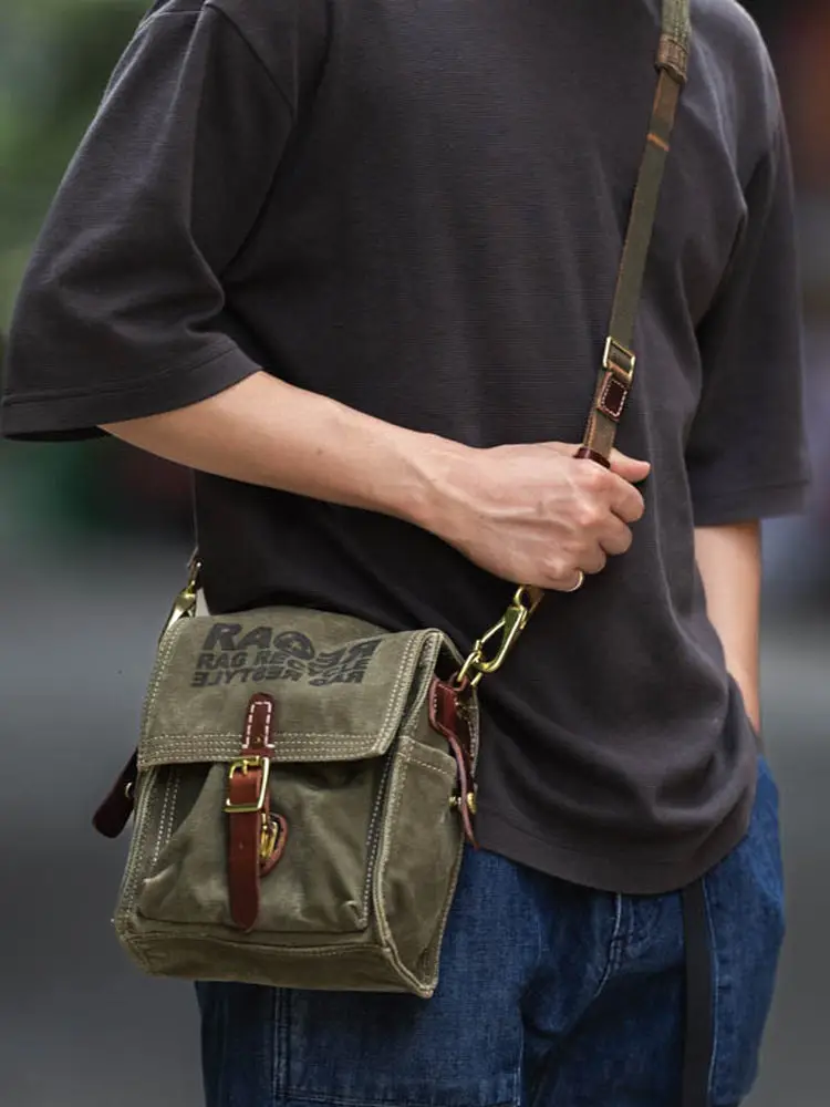 outdoor daily party luxury canvas leather men's small phone shoulder bag vintage organizer designer handmade crossbody bag