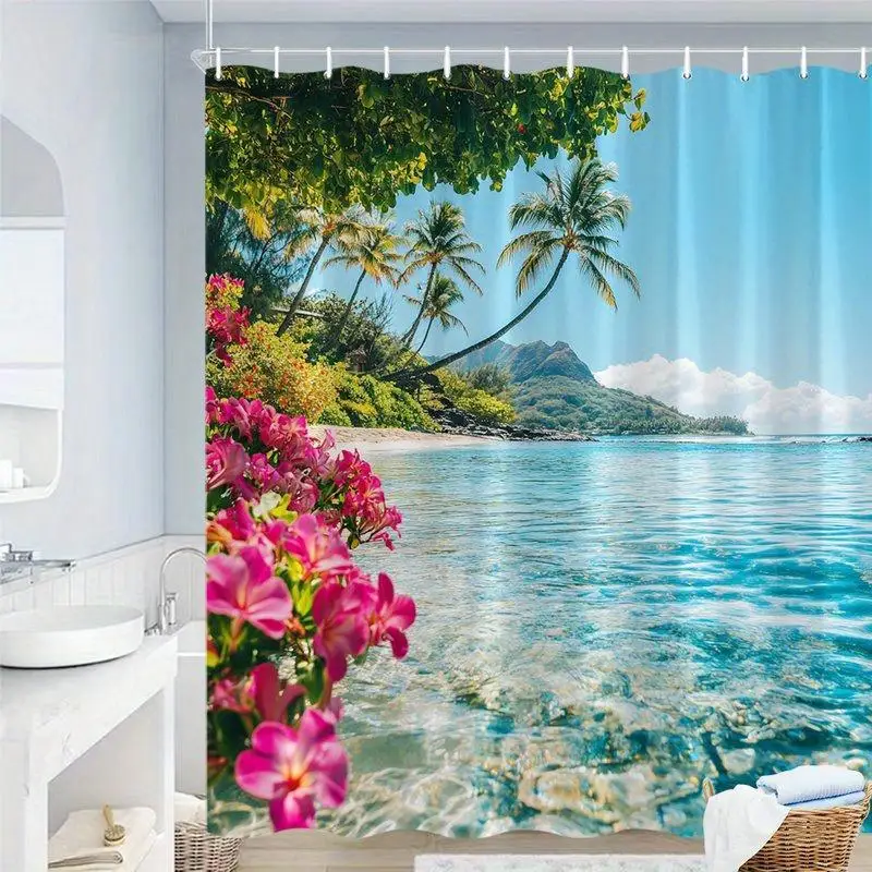 Waterproof Tropical Beach Shower Curtain Bathroom Liner Ocean View Paradise Palm Tree Floral Foliage Shower Curtain Decor Access