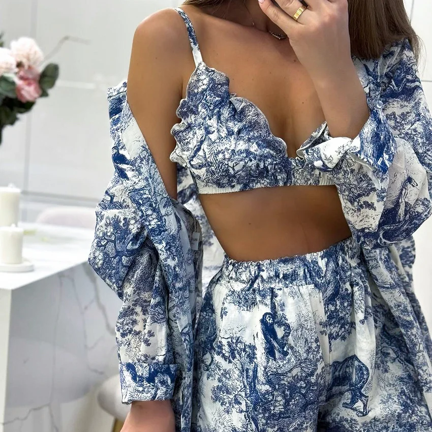 

Summer New Printed Loose Comfortable Soft Long-sleeved Underwear Shorts Thin Pajamas Women's Home Clothes 3pcs Nightwear
