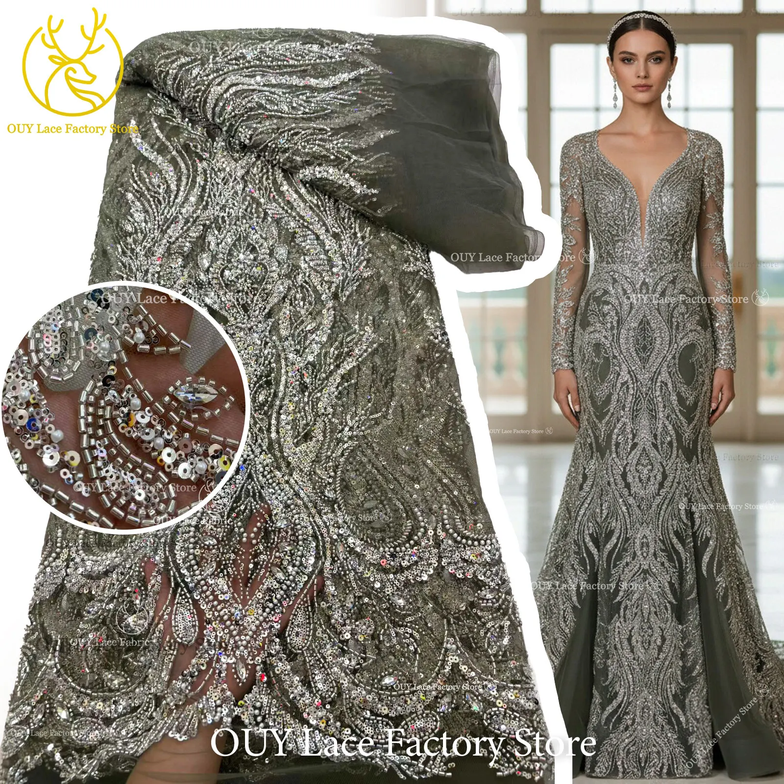 

Luxury Groom Beaded Rhinestone Lace Fabric 2026 Deluxe African Nigerian Sequins Stone Mesh Lace For Women Party Dress Sewing