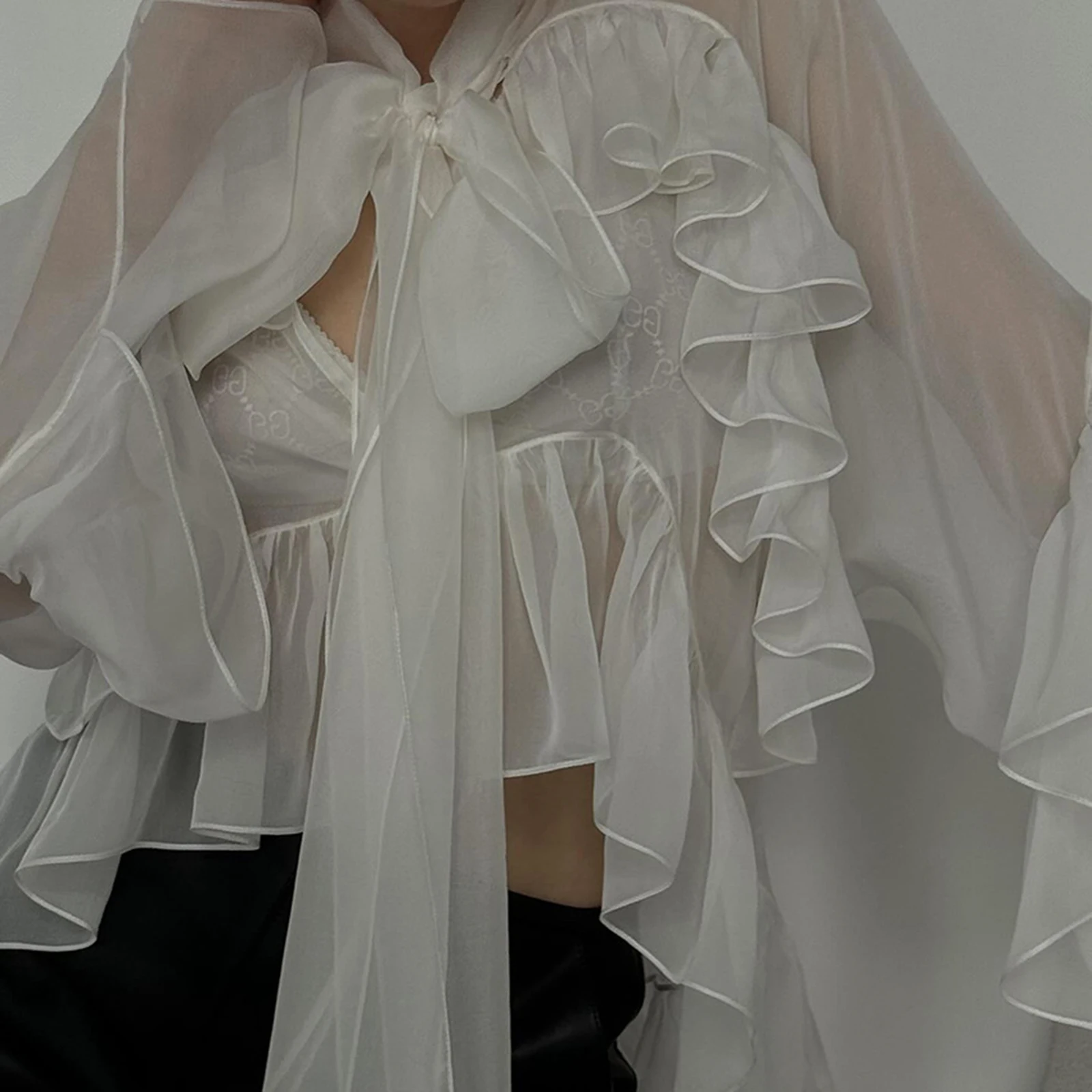 

Ruffle Blouse for Women Sexy Sheer Tie Front Chiffon Shirt Long Sleeve Loose Fit Flowy Coquette Top Streetwear