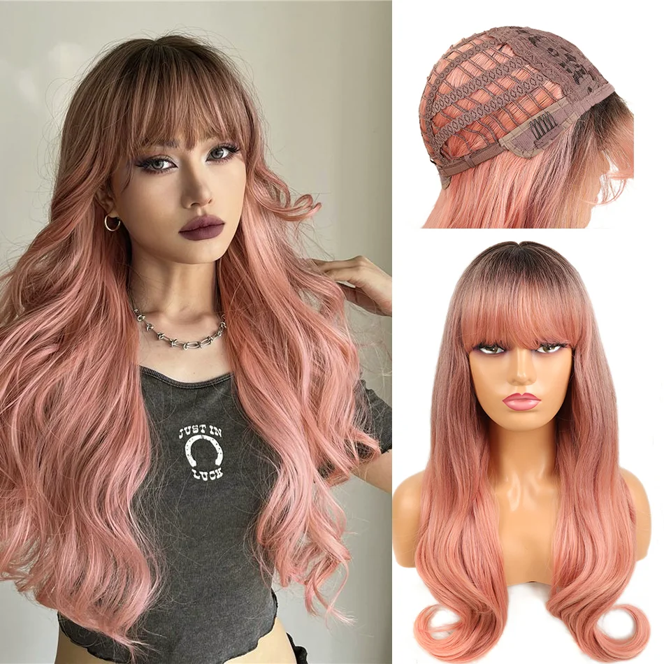 

26inches Synthetic Curly Wig with Bangs Ombre Pink Long Wavy Cosplay Lolita Wig for Women High Density Heat Resistant Fake Hair