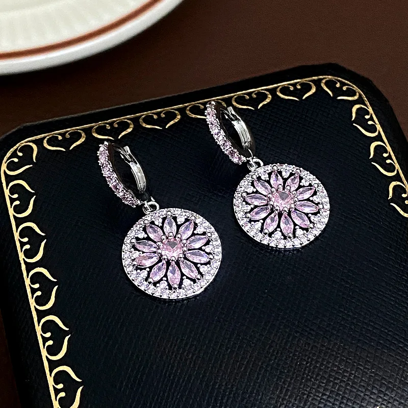 جولة قلادة زهرة هوب أقراط للنساء فضية اللون الوردي الأرجواني الزركون الأذن مشبك الزفاف حفل زفاف مجوهرات متعددة الاستخدامات #4