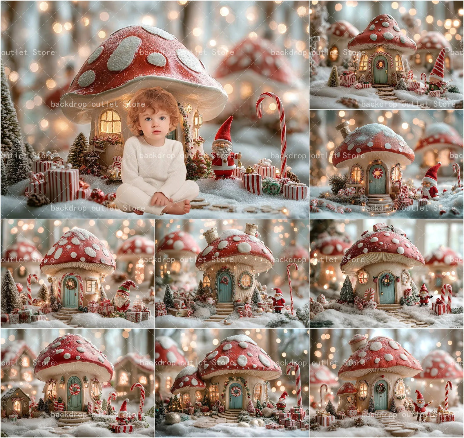 Mehofond Photography Background Winter Christmas Pink Mushroom Cottage Candy Cane Xmas Tree Gifts Kids Portrait Backdrop