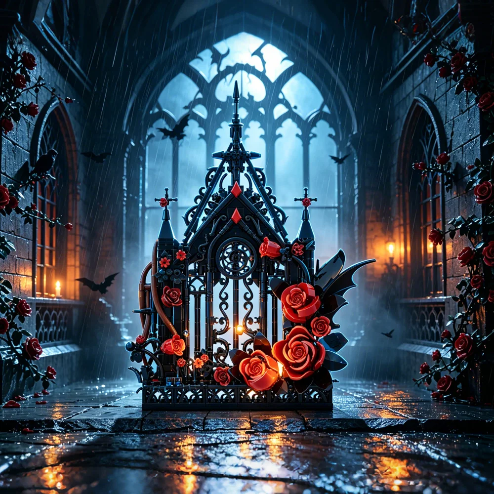 MOC Gothic Window Building Blocks Kit Dark Romance Flower Black Window Home Decor Bricks Toys Adult Gift