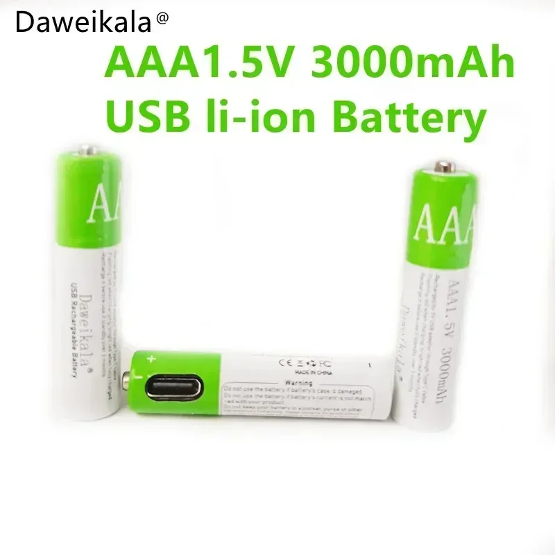 New2024 USB AAA Rechargeable Batteries 1.5V 3000 MAh Li-ion Battery for Remote Control MouseElectric Toy Battery + Type-C Cable