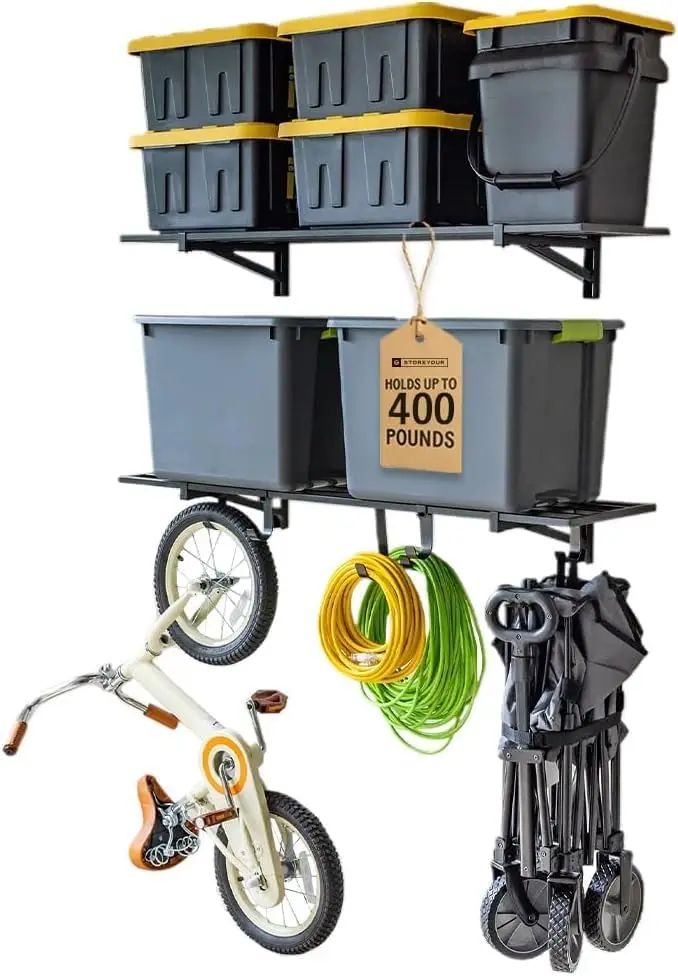

Heavy Duty Garage Wall Shelves 2-Pack, 12” Deep x 46.5” Long Steel Storage Rack with Hooks, 200 lb Each Capacity