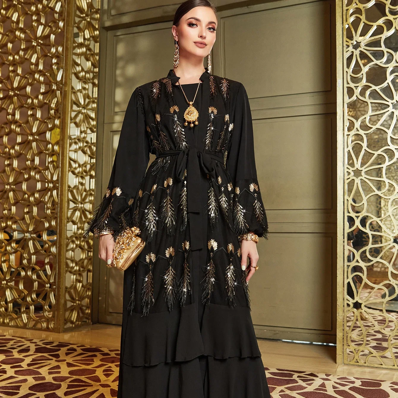 Arab Turkish Dubai Muslim Abaya Luxury black feather sequin embroidered two-piece dress Middle East Ramadan Eid party dress