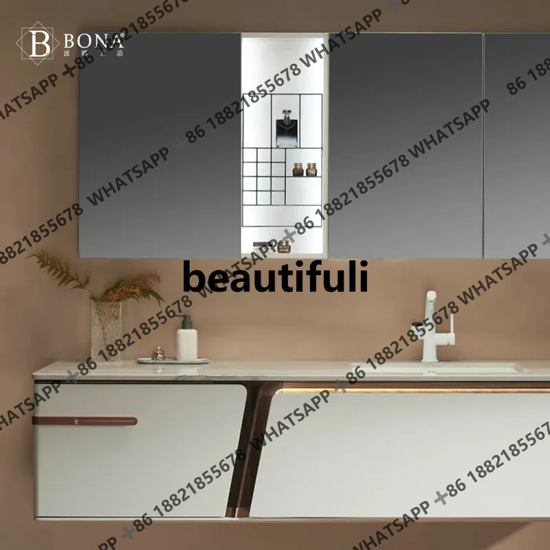 

Modern light luxury designer solid wood paint bathroom cabinet marble countertop ceramic basin