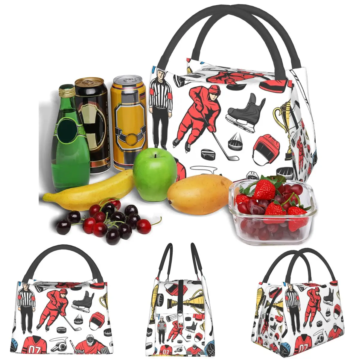 Ice Hockey Players On Rink Lightweight Handheld Insulated Lunch Bag Large Capacity for Adults Students Travel Picnic