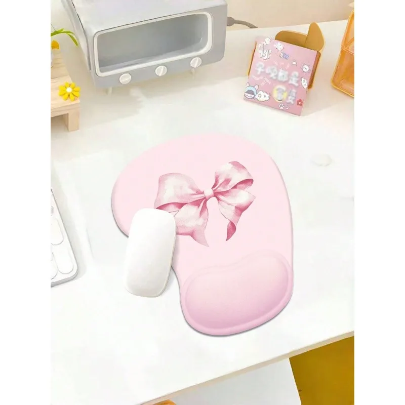 Pink bow mouse pad with wrist rest design. Thick and soft texture, suitable for office, gaming and desktop use.