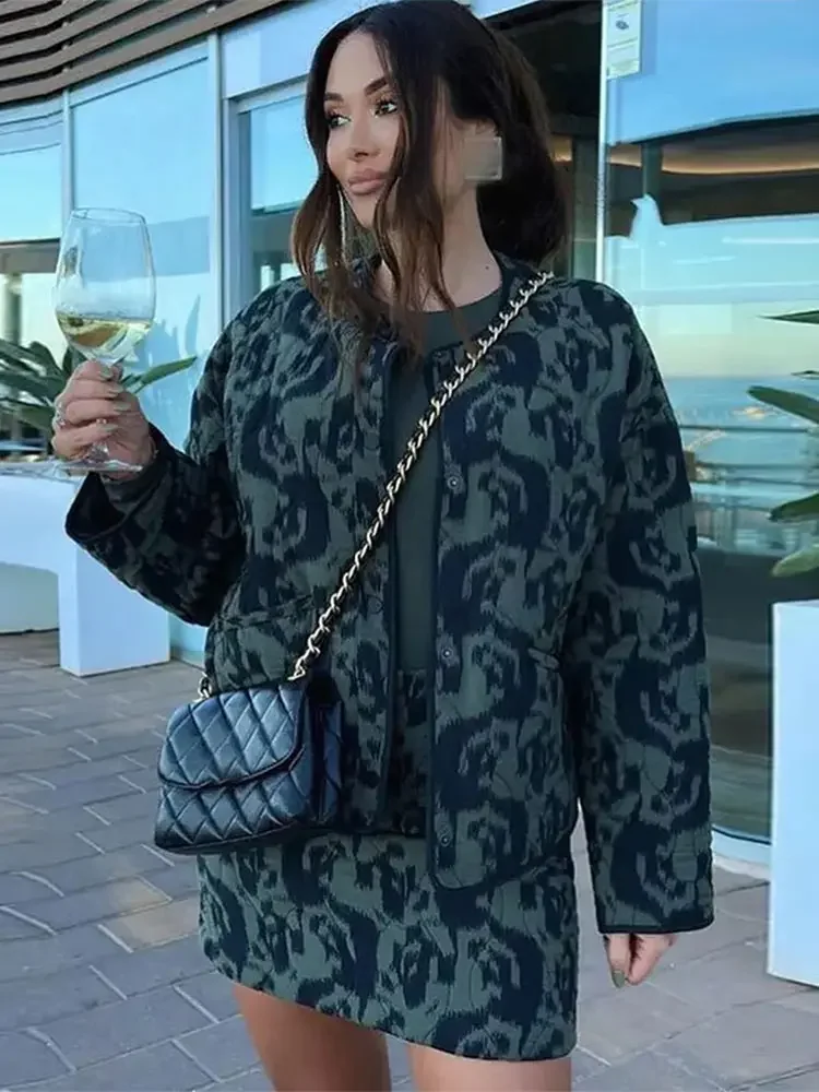 Casaco de algodão estampado de peito único feminino, bolsos elegantes, jaqueta de mangas compridas, streetwear com gola O, moda senhora, outono, inverno, 2024