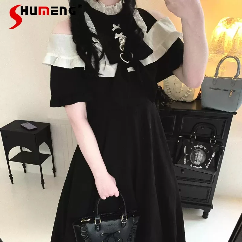 

New Japanese Rojita Jacquard Ruffle Off The Shoulder Y2k Clothes Lolita Dress One Shoulder A Line Casual Daily Wear Dress Women