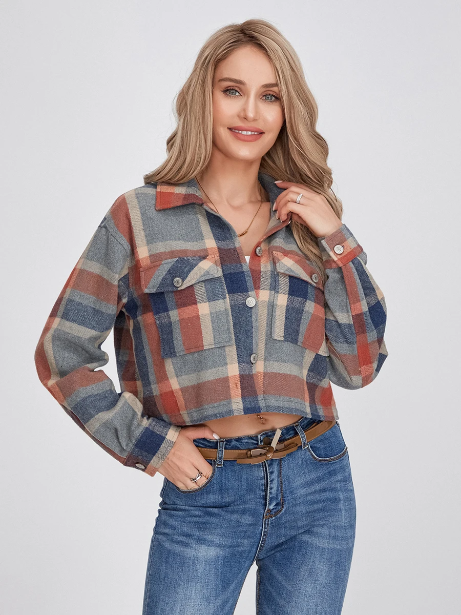 Women Plaid Jacket Long Sleeve Turn-down Collar Button Closure Casual Jacket Outwear