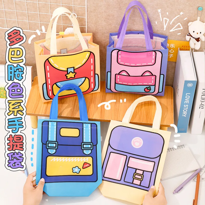 Cute Cartoon Dopamine Color Shopping Tote Bag Kawaii Non-woven Girl Outdoor Travel Sundries Clothes Storage Bag Women Lunch Bag