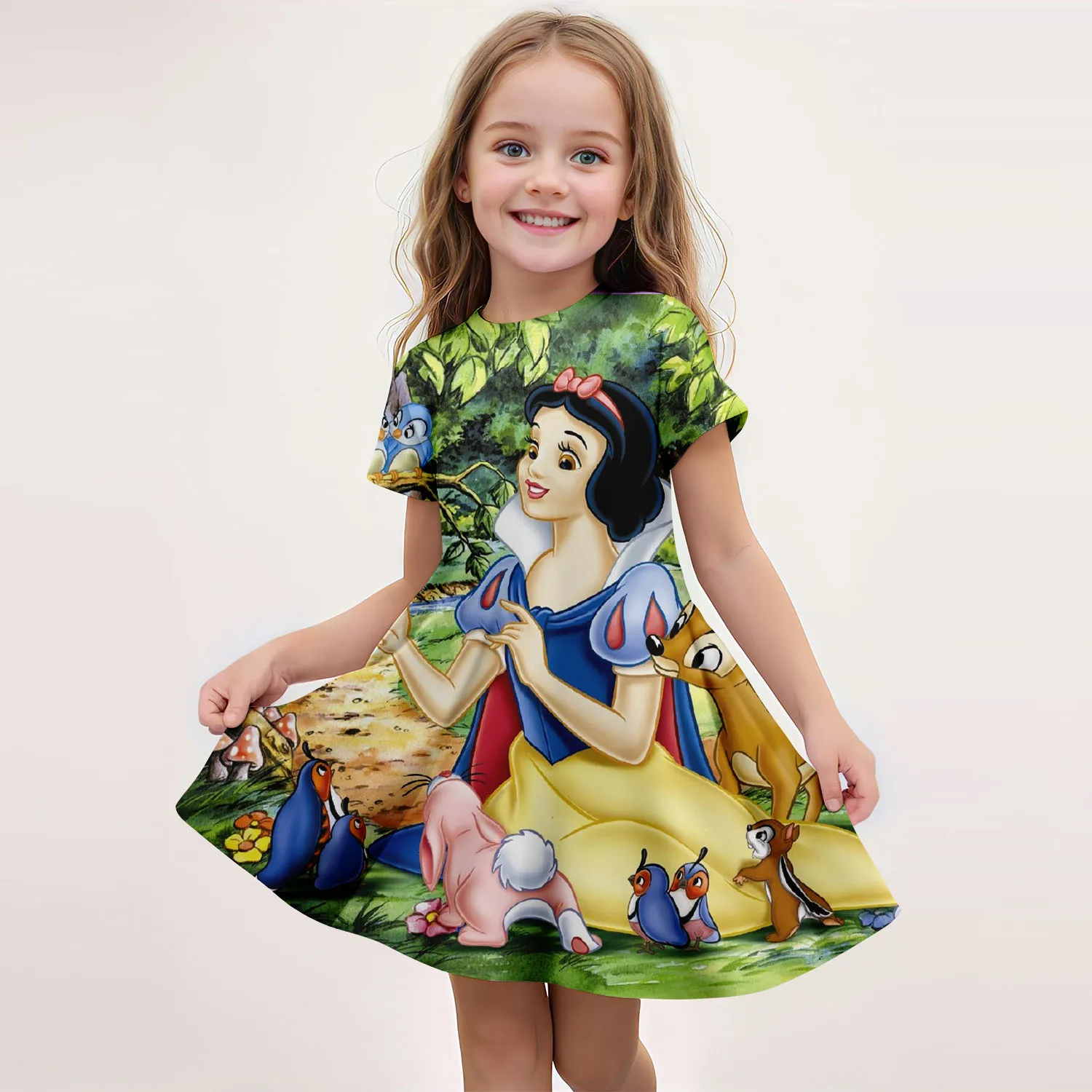 MINISO New Summer Disney Children's Clothing 3D Printed Cartoon Short-Sleeved Dress Little Girl Casual Breathable Princess Dress