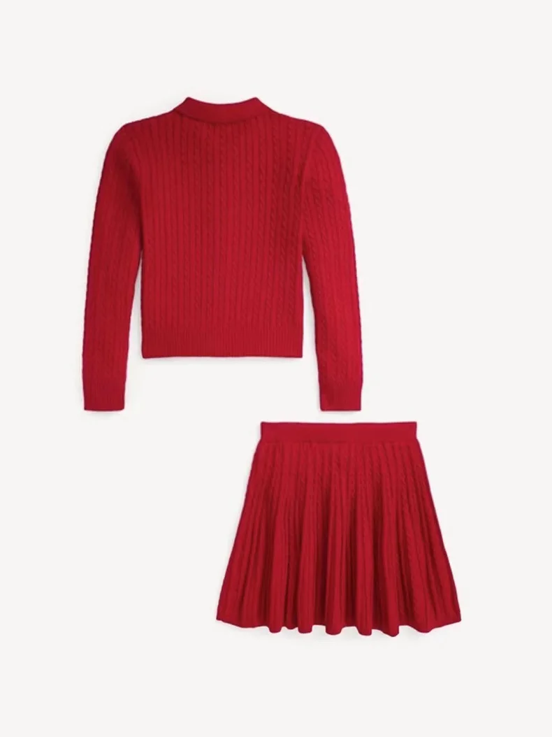 ICJAEHAO Red Knitted Sweater for Girls Suits Classic Twist Lapel Knitted Cardigan Top Skirt Set Girls Autumn Winter Sweater 2024