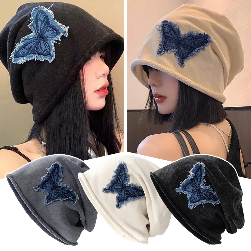 Korean Butterfly Embroidery Big Head Loose Denim Pile Hat Women's Fashion Casual Fully Wrapped Ear Warm Head Curled Beanie Cap 