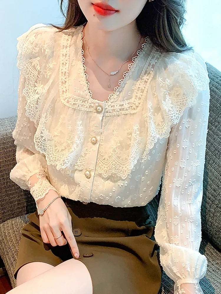 

Autumn Blouse Women Long Sleeve Ruffles V-Neck Lace Blouse Shirt Women Tops Blusas Mujer De Moda 2024 Blouses Shirts Blusa