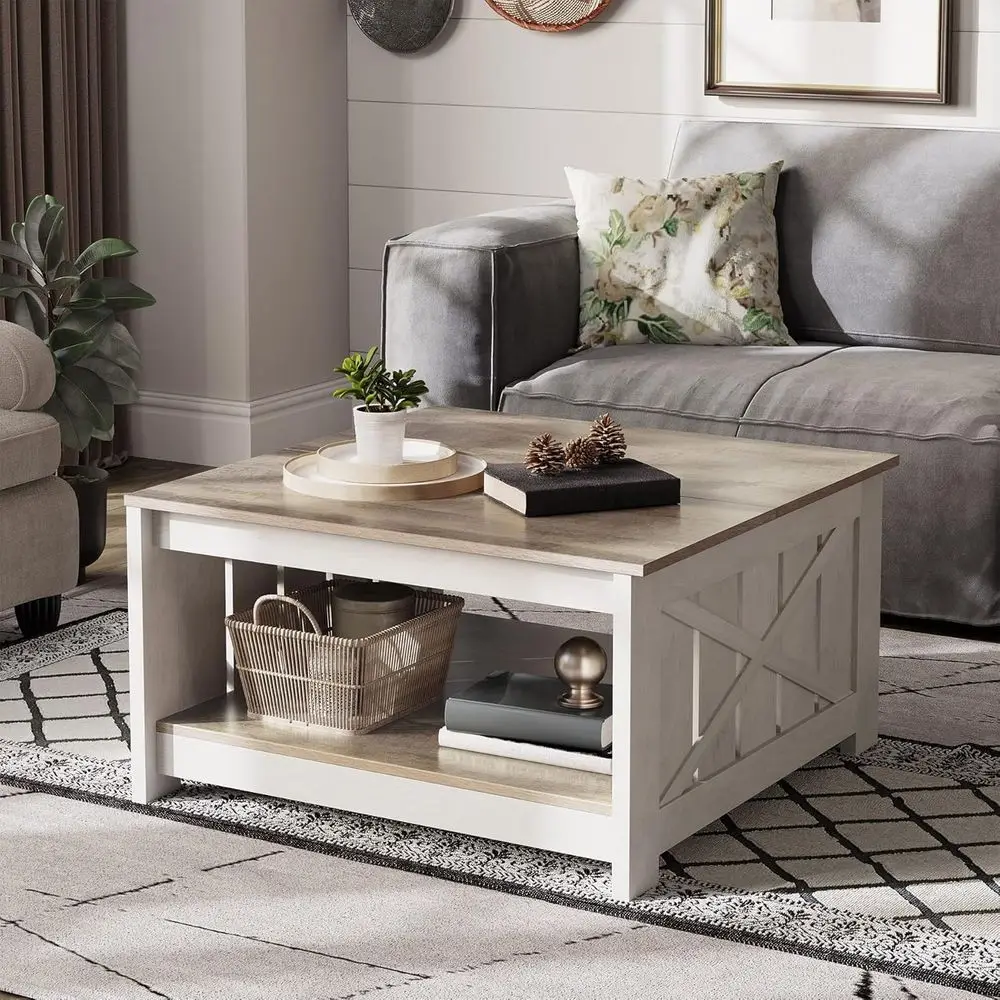 Rustic Grey Wash Square Farmhouse Coffee Table with Half Open Storage for Living Room