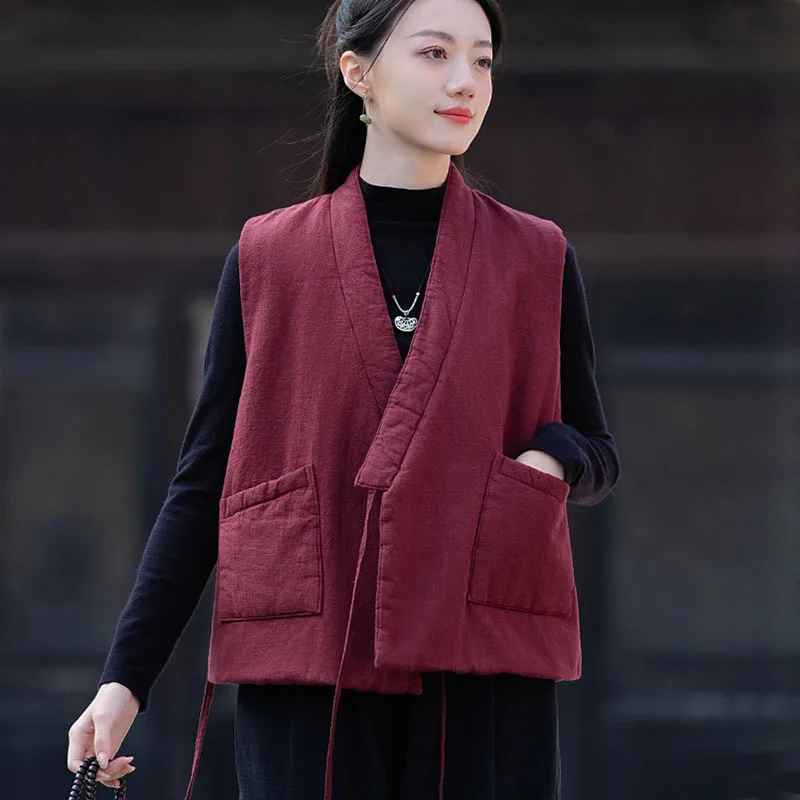 

Chinese Hanfu kimono Ramie Cotton Womens Quilted Vest Vintage Open Front V-Neck Warm Padded Sleeveless Jacket Gilet with Pockets