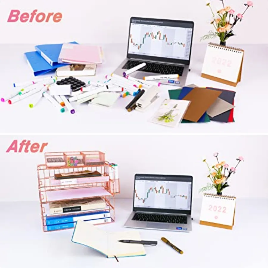 Vassoio per lettere Organizzatori di file di documenti da scrivania a 4 livelli Organizzatore di carta con portapenne Vassoio portaoggetti in rete a 3 scomparti carino Home Offi